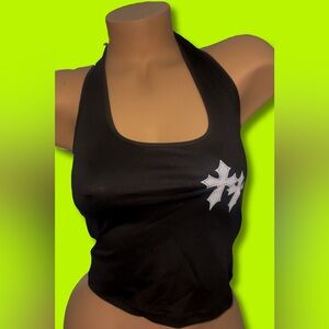 Black Halter Top with White Cross Design